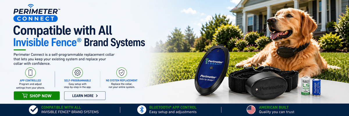Perimeter Connect replacement collar and programmer for Invisible Fence brand systems. Keep your existing fence. App controlled, self-programmable collars. Shop now or learn more.
